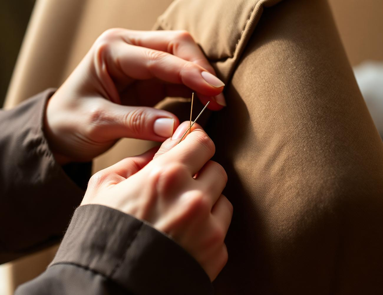 Hands hand-stitching a wool garment lapel