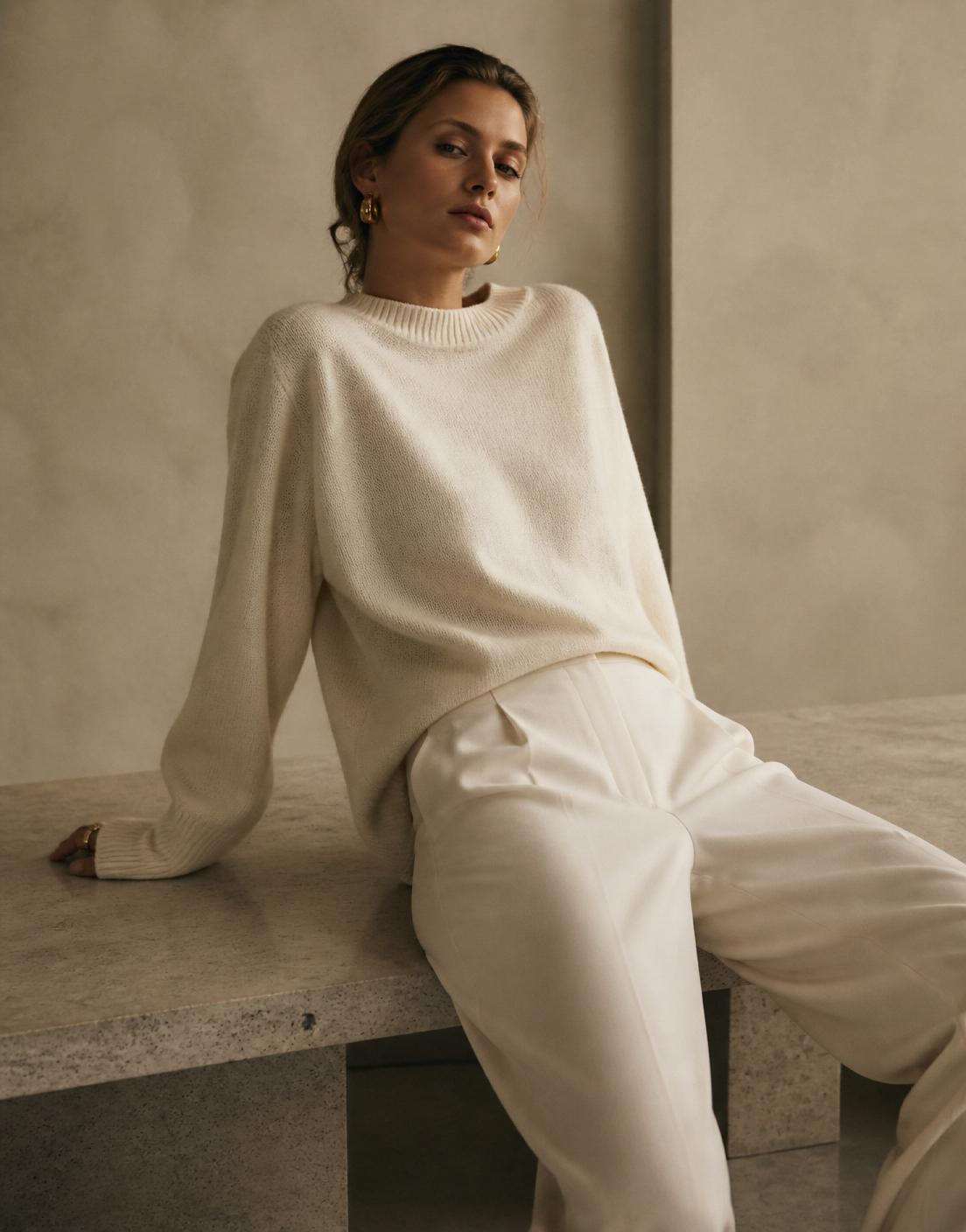 Model in ivory knit and cream trousers seated on a stone bench
