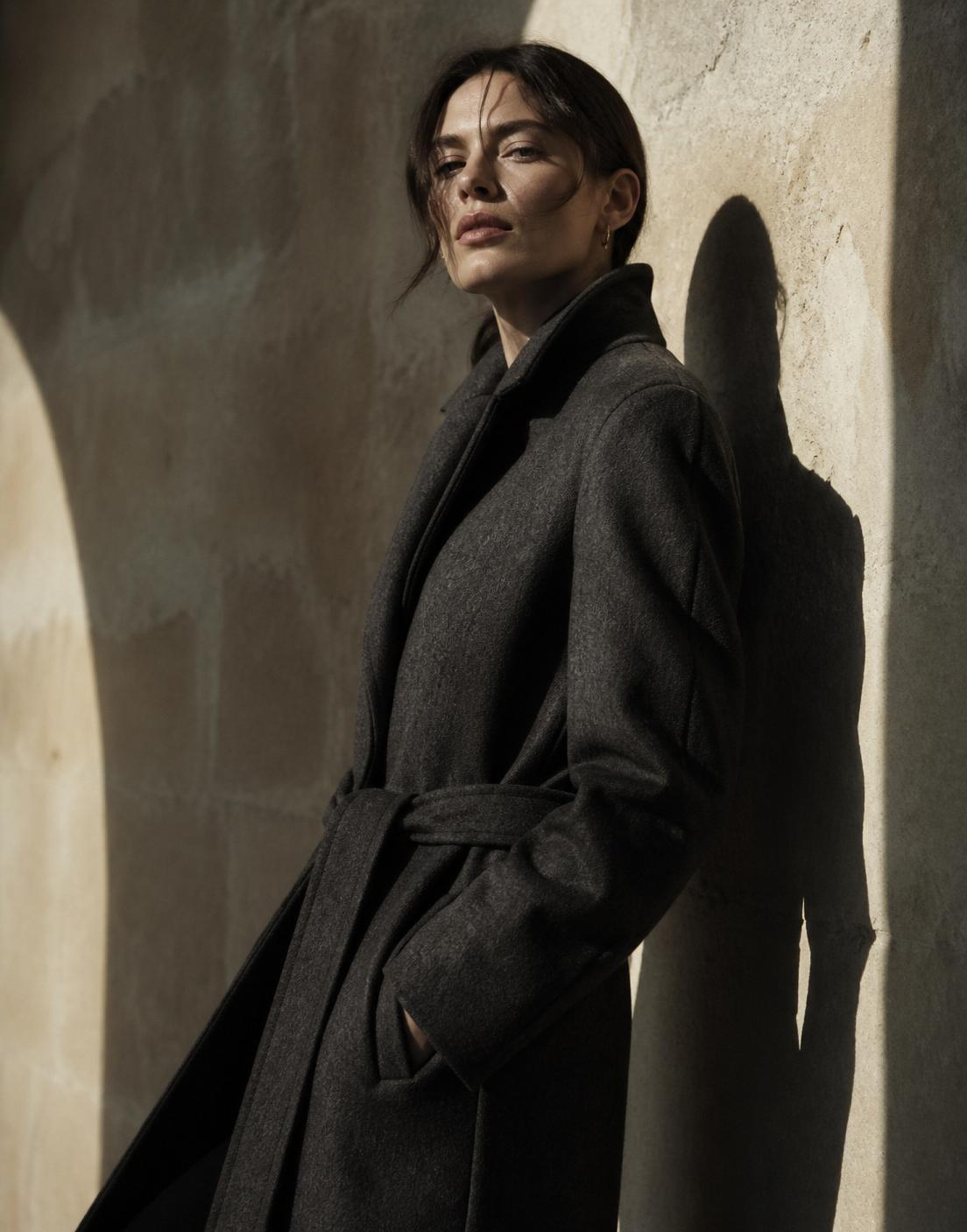 Model in charcoal wool coat against a warm plaster wall